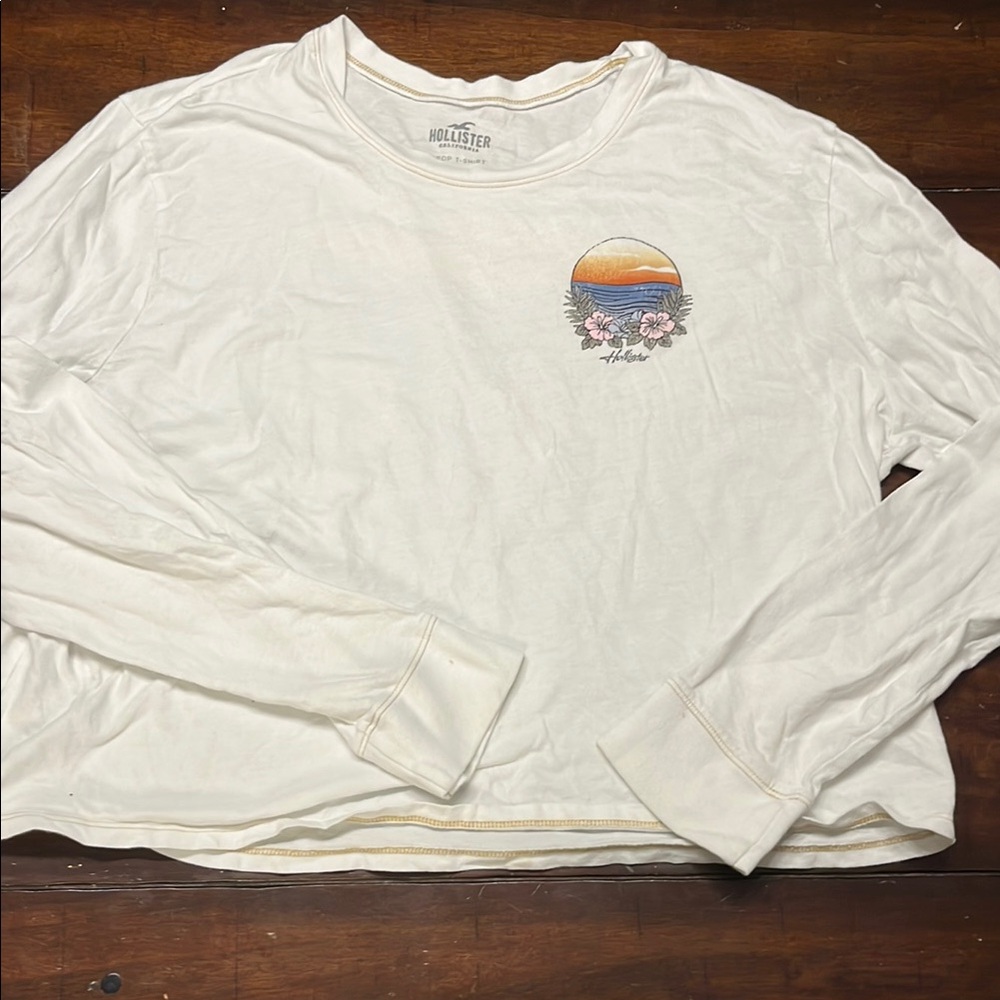Hollister White Long Sleeve Tee with Sunset Graphic